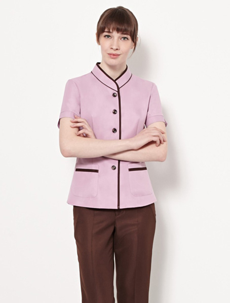 重庆定做粉色保洁员短袖制服,客房短袖工作服订做